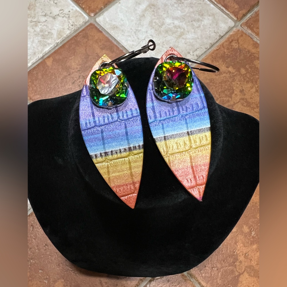 Sandra Ling Serape Feather Earrings With Large Green AB Crystal Stone
